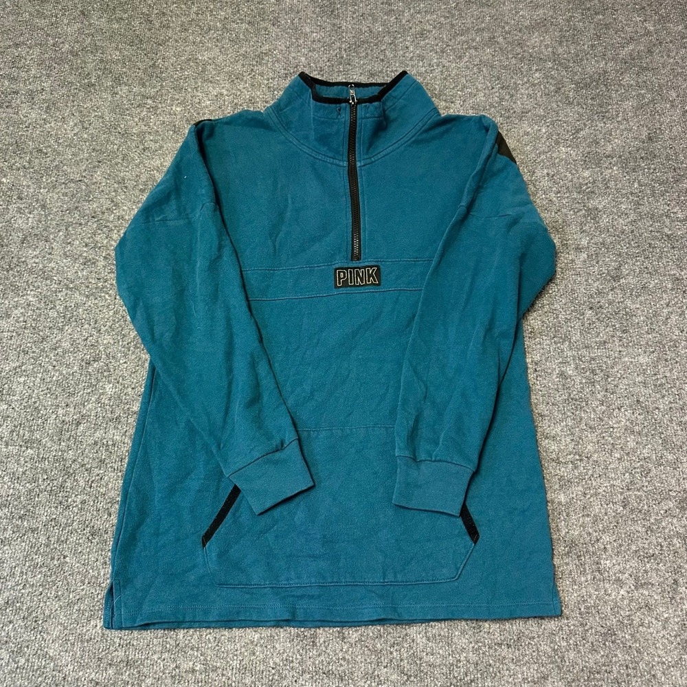 Pink Pullover Womens Size S Teal Blue Quarter Zip Kangaroo Pocket Logo Graphic